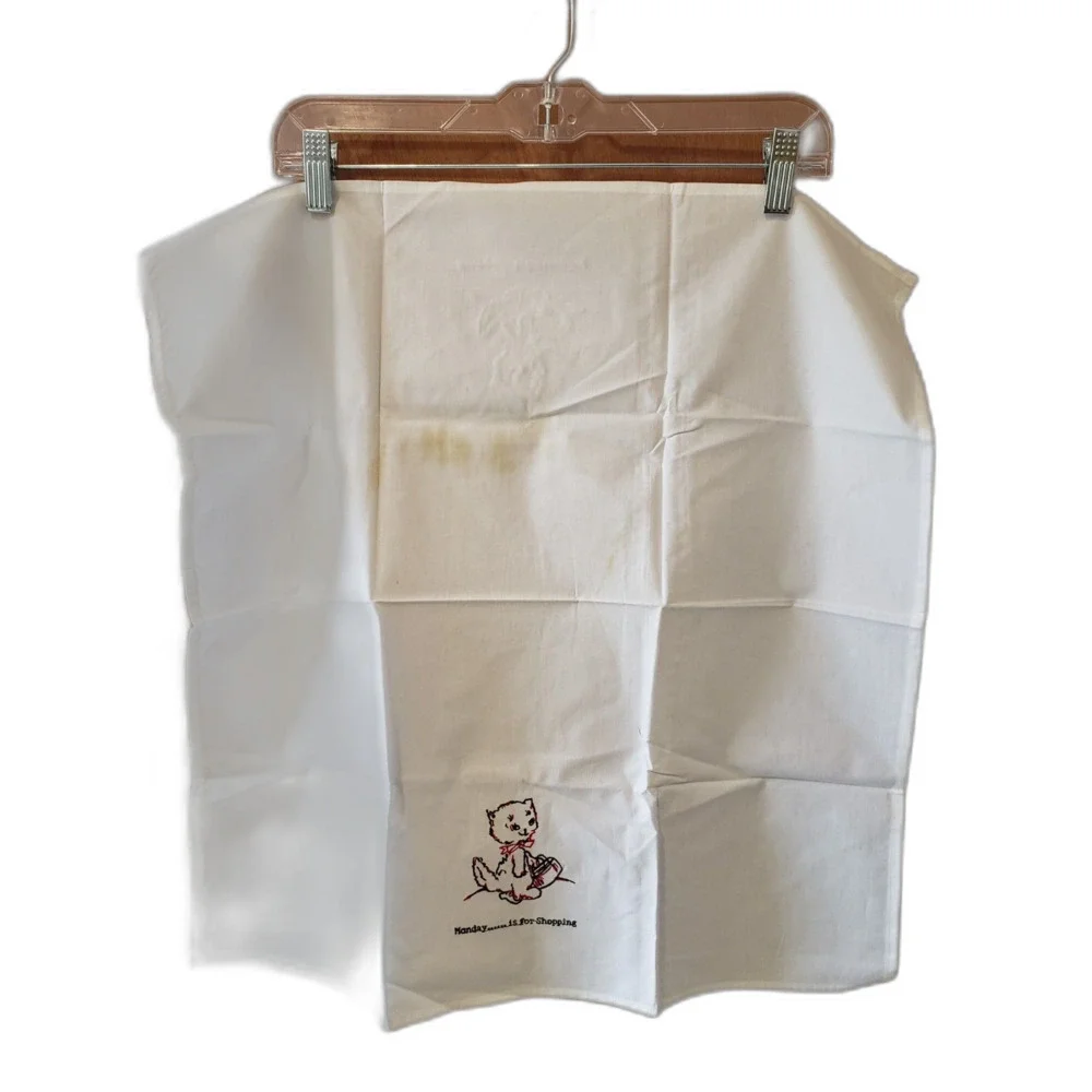7Days Of The Week Kitty Cat Embroidered VTG Tea Towels White Cotton Cottagecore